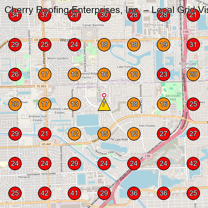 Cherry Roofing Enterprises, Inc. GeoGrid visibility map for Roofing Contractor in Hollywood